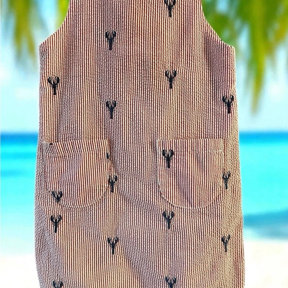 Piping Prints / Nantucket Red Seersucker Dress/Navy Embroidered Lobster SZ 5 - Picture 1 of 5